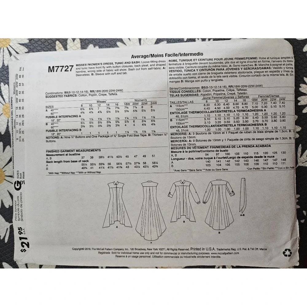 McCall's M7727 Misses Women Dress Tunic Sash Sewing Pattern UNCUT 18-24